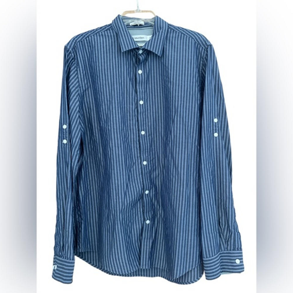 Calvin Klein Men’s Blue Striped Button Down Shirt‎ Large Roll Tab Sleeve